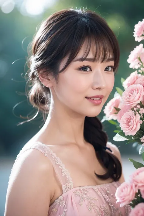 Medium View, Medium Shot, Written boundary depth, bust, Upper Body, Cinematic Angles, masterpiece, highest quality, Very detailed, cg, 8K Wallpaper, Beautiful Face, Delicate eyes, Otome, alone, smile, bangs, have,pink dot colored dresses, bow, petal, bouqu...