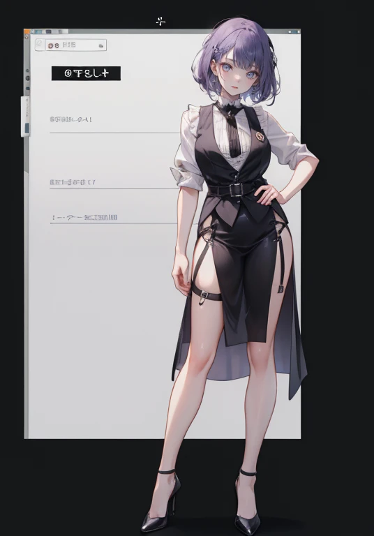 ((Perfect Face)),Purple Hair,Shortcuts,Adult female,bartender,((Body Harness)),Black vest,((Shirt with rolled up sleeves)),((slit)),High heels,,((Simple Background)),smile,((whole body)),((full body)),Character portrait,upright,,Both arms are lowered,uprig...