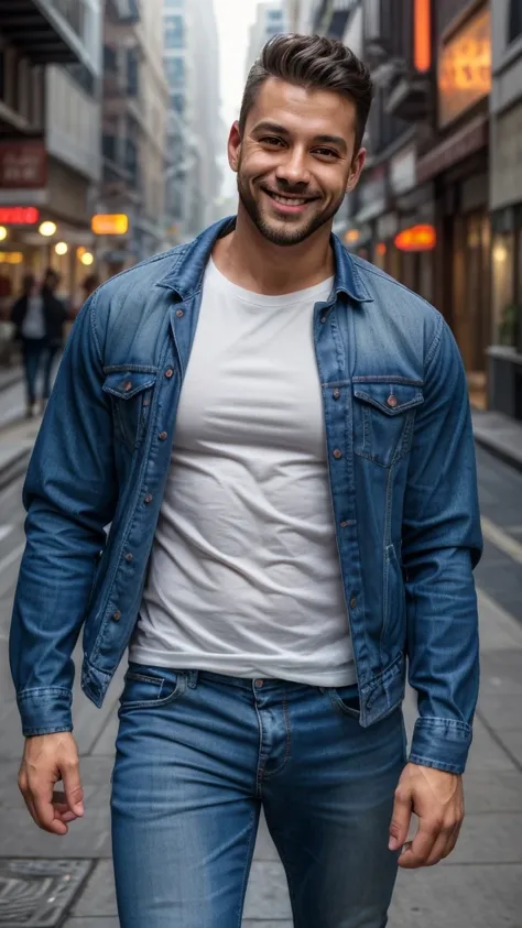 babylasagna, photo of a man wearing iridescent jacket and jeans and white t-shirt walking down the street, nice chest sise on shirt, smile, soft focus, photo by mark henderson, cinematic, natural lighting, muted colors, night, bokeh, face portrait, (extrem...