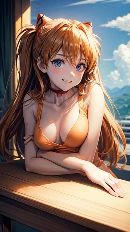 Perfect Face、Asuka Langley、Ample breasts、Slim fit、uniform、The viewpoint is the front、looking at the camera、Smiling and talking、Arms folded and placed on the desk、The valley is visible、