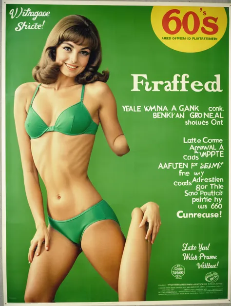 arafed woman in green bikini and panties posing for a picture, vintage 60s print, vintage 60s print, 60s poster, 60s poster, late 1960s, 1960s advertisement, vintage showcase of the 60s, year 1970,