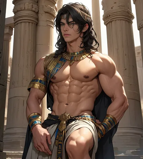 Powerful man warrior, chest bared, lower body uncovered from thighs to feet, luxuriant long curls, meticulous skinny muscle definition, photorealistic rendering, 4K resolution. Background: Ancient Egyptian temple complex, uhd, best quality, masterpiece, su...