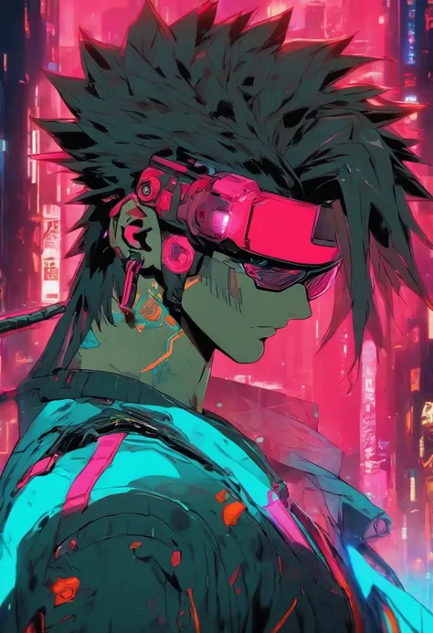 1 homem, Estilo inspirado em Cyberpunk 2077, ((estilo de cabelo tainha com desbotamento estourado)), cabelo preto, Cabelo ruivo brilhante com mechas, cyber glasses, medical technology clothing, roupa vermelha brilhante. red holographic clothes, totalmente ...