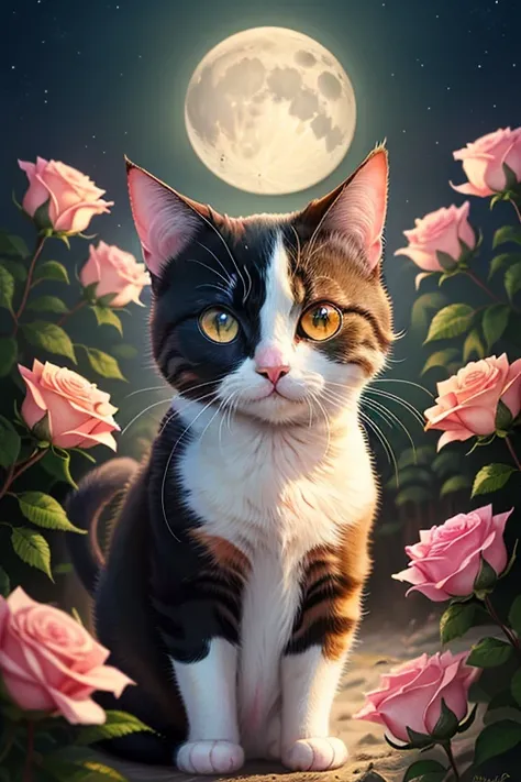 One white Salior moon cartoon cat with black stripes. Cat has green eyes. Surrounded by 10 dozen pink and red roses around the face.