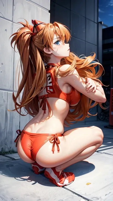 Perfect Face、Asuka Langley、Ample breasts、Slim fit、bikini、、looking at the camera、Crouching、Low angle view from the butt、Angry