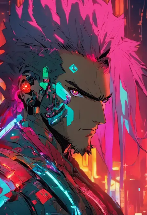 1 homem, Estilo inspirado em Cyberpunk 2077, ((estilo de cabelo tainha com desbotamento estourado)), cabelo preto, Cabelo ruivo brilhante com mechas, cyber glasses, medical technology clothing, roupa vermelha brilhante. red holographic clothes, totalmente ...