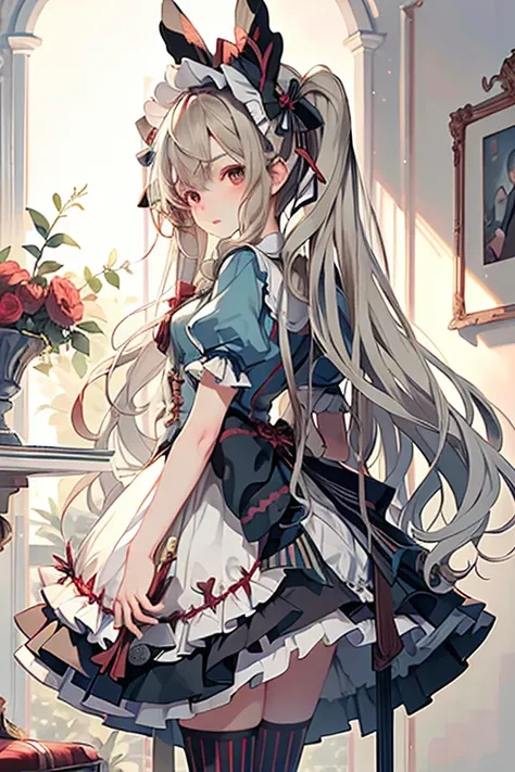 8k, highest quality, Tabletop, Very detailed, Studio Lighting, Physically Based Rendering, One Girl, alone,
 BJD humanoid, blush, Alice in Wonderland, Red long hair,Twin tails, Red dress, Green High Socks,Magic wand