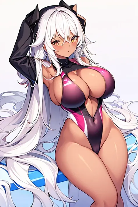 1girl, dark skin, dark-skinned female, white hair, long hair, large breasts, wide hips, thick thoghs, one-piece swimsuit, competition swimsuit, black swimsuit, pink trim, slingshot swimsuit