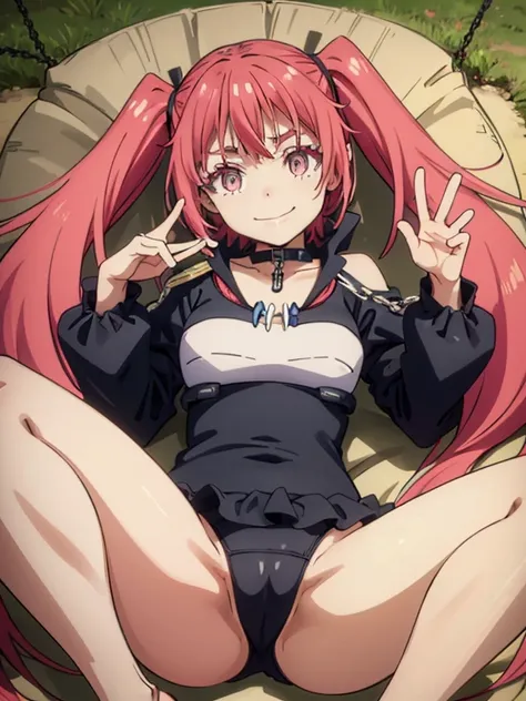 Highest quality,masterpiece,Official Art,Perfect Fingers,,Twin tails,Lying on your back with your legs open,girl,Alone,collar with chain,Leg spread、Swimwear、Official eye size、Big eyes,、smile