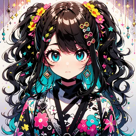 masterpiece, highest quality, Very detailed, Beautiful Shadows, Cinema Lighting, Studio Light, Flowers around, Wavy Hair, Big eyes, Flower pattern on eyes, Pupil shape , cute ,Plaid, Black Hair，Red gradient hair color, Powder Purple Gradient Eyes，Trendy pi...