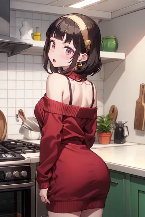 masterpiece, yor, 1girl, Amazing Cleavage:1.3, thin waist, big ass, Raised sexy, medium breast: 1.8 posed cleavage:1.2、solo, looking at viewer, open mouth, have a cup of coffee,black hair, red eyes, dress, bare shoulders, jewelry, collarbone, sidelocks, ha...