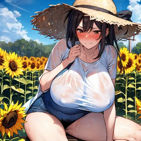 Sunflower field、summer、Straw hat、sunny、White shirt、Big Breasts、Breasts pushing up clothes、Tight clothes、No bra、Protruding nipples、Blushed cheeks、Embarrassed、Sit with your legs apart、Wet clothes、after the rain、Clothes are see-through、Protruding pubic hair