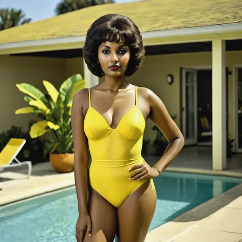 solo, digital photo of a African-American woman in a yellow bikini posing at poolside, 1960s, Pam Grier in a yellow bikini, highly detailed skin texture, dark skin, in retro swimsuit, short cut hair, brown eyes, swimsuit model, sixties pinup, Playboy magaz...