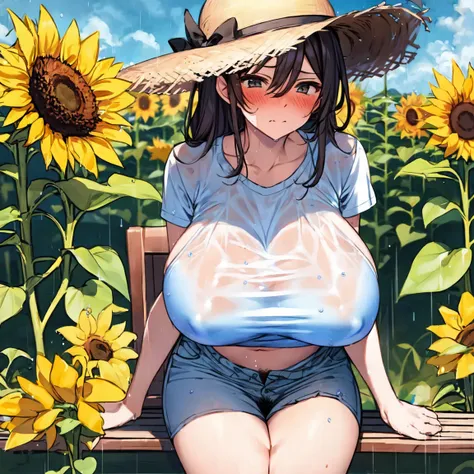 Sunflower field、summer、Straw hat、sunny、White shirt、Big Breasts、Breasts pushing up clothes、Tight clothes、No bra、Protruding nipples、Blushed cheeks、Embarrassed、Sit with your legs apart、Wet clothes、after the rain、Clothes are see-through、Protruding pubic hair