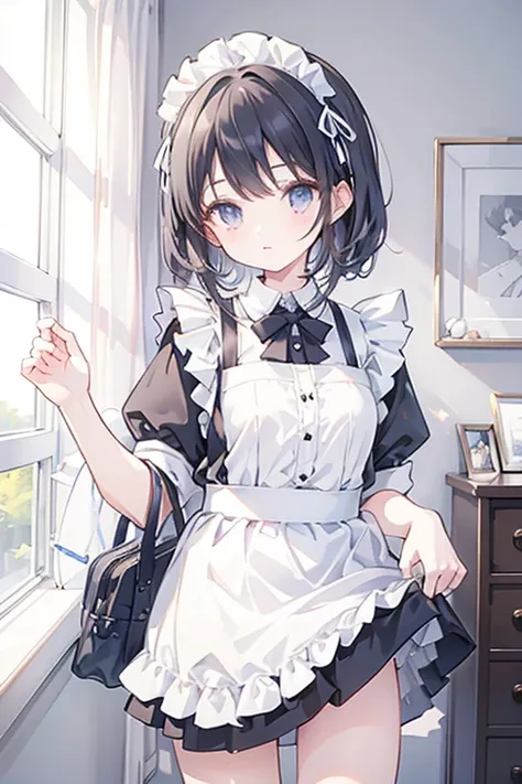 girl, maid uniform, wearing a skirt over short white frill inner petit pants, lift skirt