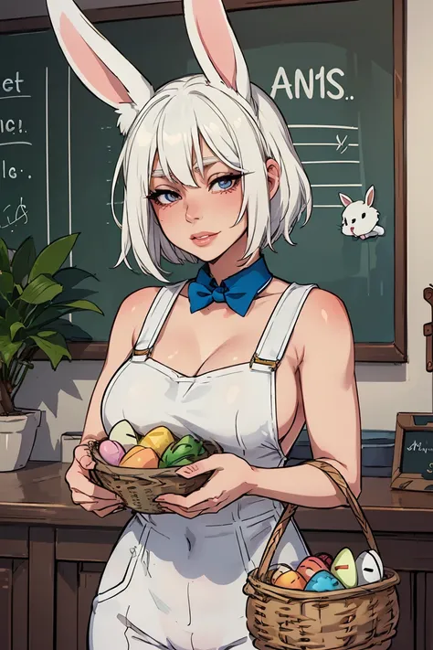 Masterpiece, best quality, centered in frame, portrait, bunny girl, white skin, busty, full lips, short white hair bunny nose, whiskers, white bunny ears, blue overalls, eager bunny outfit, easter, holding basket, beautiful