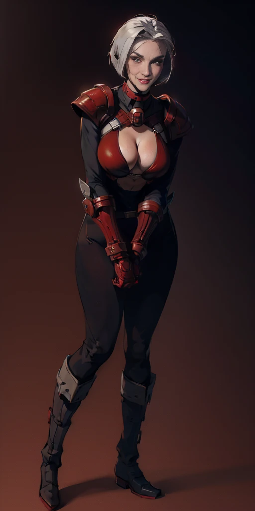 ((Plain background 1:2)) (Cammy White Street Fighter white silver short bob haircut) Female full body standing straight symmetrical looking to the viewer RED full body armored big breast knockers cleavage, leather collar choker, happy smile red cheeks, red...