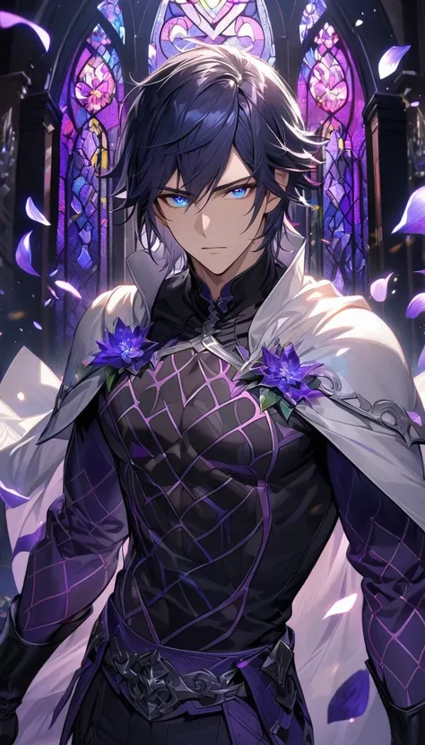 Ultra detailed, HDR, Highres, absurdres, master piece, Chrom, dark blue hair, expressive blue eyes, Fire Emblem Awakening, white cape with patterns, black tight shirt, purple stained glass, purple ice, petals, purple ice flowers, sexy man, solo, extremely ...