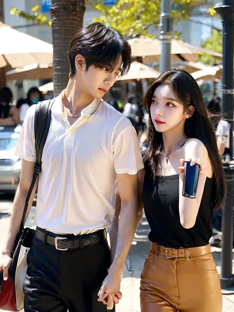 1 woman and 1 man walking together on campus, couple, short hair, medium chest, black hair, bare shoulders, women jewelry accessories, brown eyes, Clear eyes, Dark eyeline, long eyelashes, colorful nail art, transparent pantyhose, short skirt, Waist belt, ...