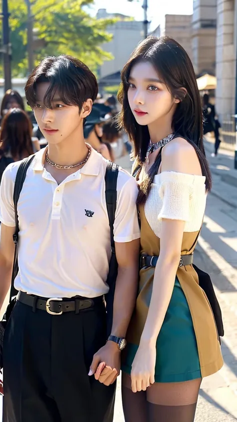 1 woman and 1 man walking to university together, couple, short hair, medium chest, black hair, bare shoulders, women jewelry accessories, brown eyes, Clear eyes, Dark eyeline, long eyelashes, colorful nail art, high heel, transparent pantyhose, short skir...