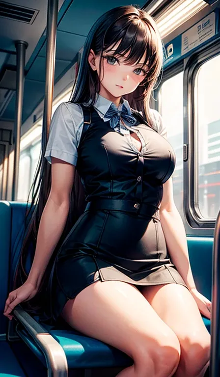 I was sitting on the long seat of the train, she wears miniskirt, Her arms hang loosely from the buttons of her blouse