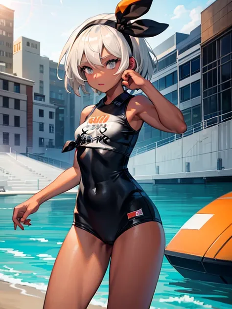 extremely detailed, masterpiece, hyper quality,solo,dark skin,white hair,short hair,school swimsuit