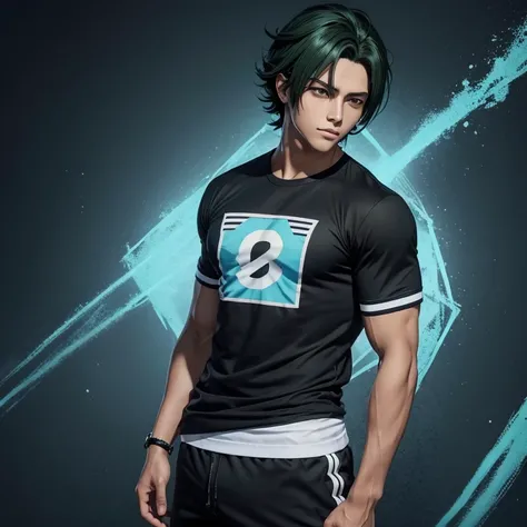 Personagem de anime, sexo masculino, cabelo preto, olhos verdes, pele clara, camiseta preta, Light blue shorts, personalizada introvertido, estilo de desenho do anime my hero academy, olhando pra frente, com raiva, veia saltada