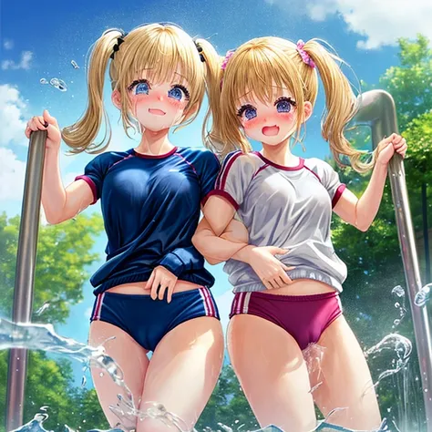 Watery eye、cute、Blonde twin tails、Peeing、Bloomers、Gym suit、Outdoor