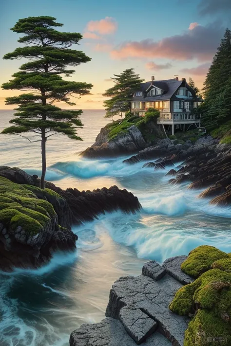 (a beautiful house on a big rock,very big trees on both sides of the house,ocean view,reflecting in the water,moss-covered rocks,calm sea,clear sky,seagulls flying,fluffy clouds,serene atmosphere,cozy and inviting,picturesque setting,strong waves crashing ...