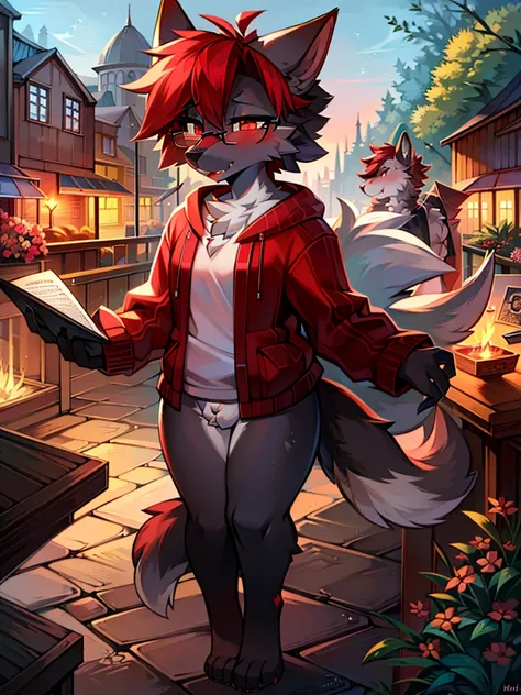 wear glasses,Red hair all over, Miss，Mid-chest，She-wolf,short hair, Bright Eyes,The eyes are gray，The tip of the tail is white，Meatballs Pink,hairy,hairy female ,Flower charcoal,(Body hair, hairy尾巴, Red fur,),Long canine teeth，浑身hairy的，Scattered paper，Scat...