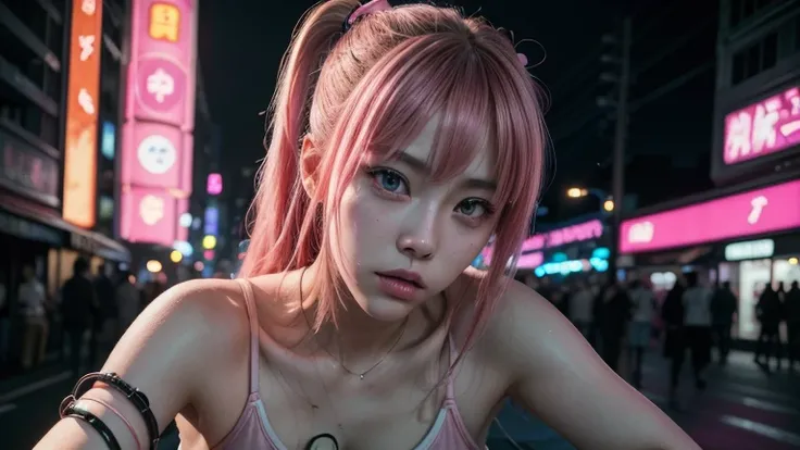 (8k, RAW Photos, highest quality, masterpiece:1.2), (Realistic, photo-Realistic:1.37),(Japanese female models), (Pink Neon),(cyber punk),