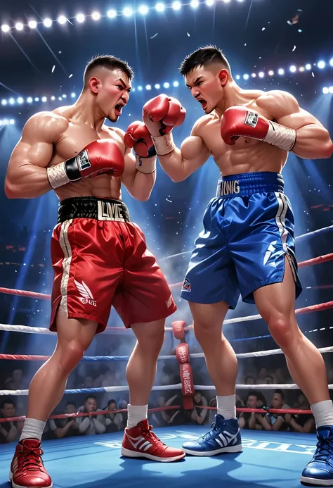 a boxing match,fighting sports,gloves,hit,,intense competition,strong punches,boxing ring,crowd cheering,adrenaline rush,boxing champions,boxing gloves hitting each other,powerful uppercut,boxing referee,boxing trainer,boxing technique,boxing strategy,knoc...