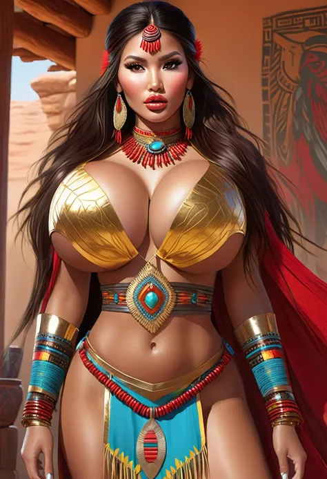 Beautiful Navajo Women With Large Brown Eyes, Kinky Brown Hair, And Golden Red Skin. Traditional Dress, Hawk-Nose. Wide Hips, Thin Waist, Large-Bust, Deep-Chest. Long Legs. Official Art, Award Winning Digital Painting, Digital Illustration, Extreme Detail,...