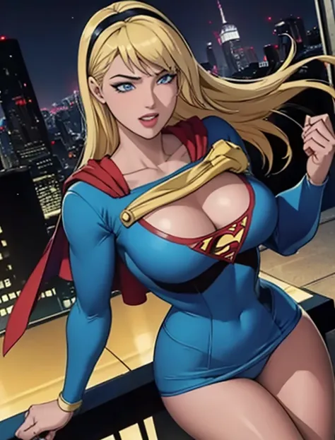 Supergirl,lindo,tez escura,((blonde hair)) ,garota americana,Flying in the sky,por Bob Byerley,por Charlie Bowater,Direction: Ko Young Hoon,Antecedentes da cidade de Nova York,classic 1940s look,(melhor qualidade,4K,8k,high resolution,obra de arte:1.2),ult...