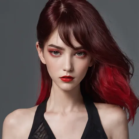 future,Street,Girl in sporty symbolic clothing,(Body gauze),Shaggy Hair,Brunette color hair,Red gradient hair tip,