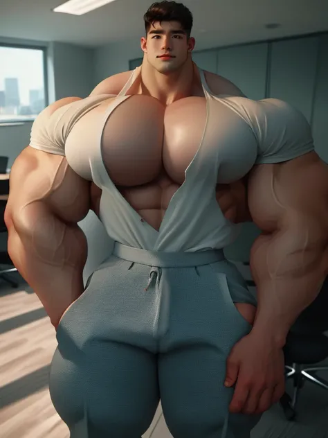 1man, a 28 year old muscular korean man, giant, strong body, brutalmass, massive body, bulk, wide pecs, large body size, huge legs, sexy, masculine, wear tailored singlet and pants, illuminating light, office room, masterpiece, best quality, 8k ultra hd, d...