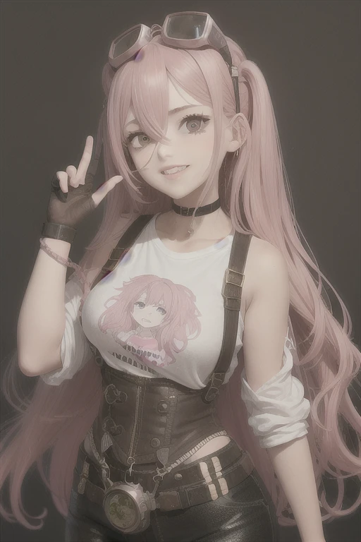 a 20 year old girl with messy pink hair, olhos rosas, utilizando uma camiseta branca, brown suspenders and pink fingerless gloves, a steampunk goggles on the forehead, sorriso confiante mostrando os dentes