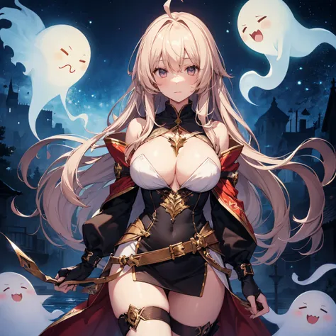 night world, perfect female body, 1 girl, huge ahoge, small breasts, light skin, larger clothes,fantasy,ghost