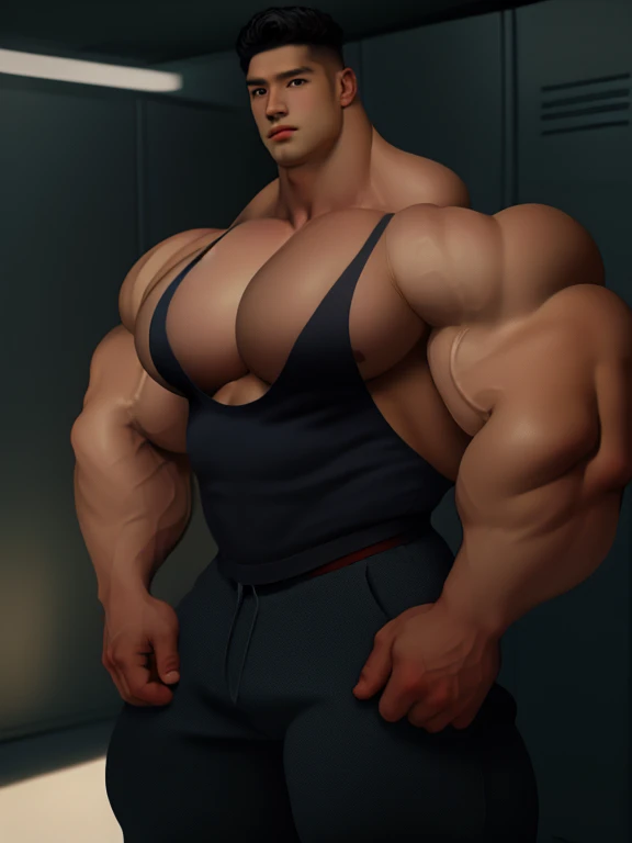 1man, a 28 year old muscular korean man, giant, strong body, brutalmass, massive body, bulk, wide pecs, large body size, huge legs, sexy, masculine, wear tailored singlet and pants, illuminating light, locker room, masterpiece, best quality, 8k ultra hd, d...