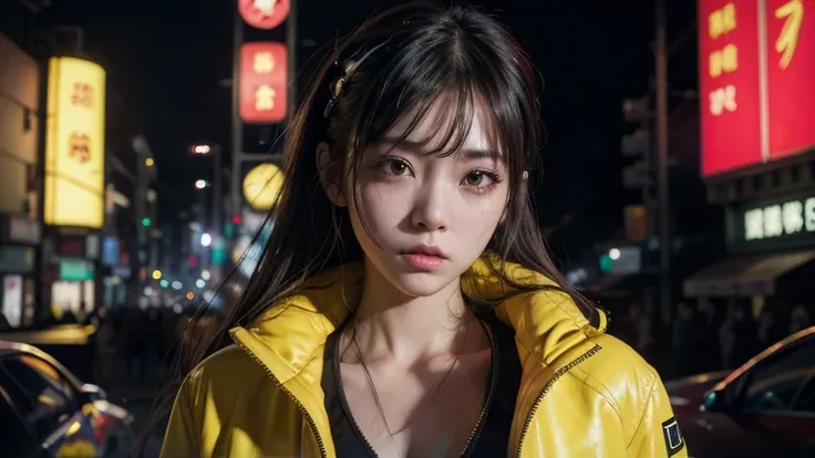 (8k, RAW Photos, highest quality, masterpiece:1.2), (Realistic, photo-Realistic:1.37),(Japanese female models), (Yellow Neon),(cyber punk),