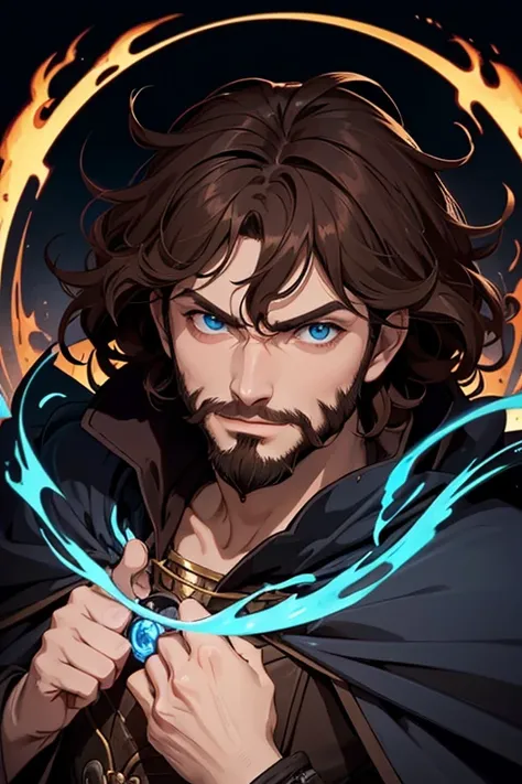 1 man, male, ((upper body and arms, portrait, serious, happy)), accurate to reference image, masterpiece, best quality, ultra-detailed, fantasy, looking at the viewer, brown hair, curly hair, facial hair, beard, adult, colourful, anime artstyle, dark gradi...