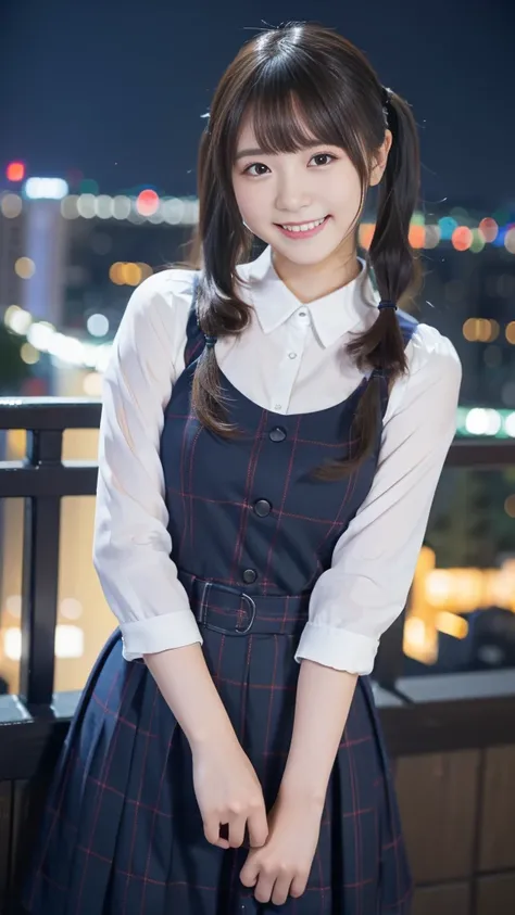 (highest quality,masterpiece:1.3,Ultra-high resolution),(Very detailed,8K),(Realistic:1.4,RAW shooting)。Blurred Background、Looking at the audience、smile、young woman、No sleeve、Twin tails、City of night。Night view。