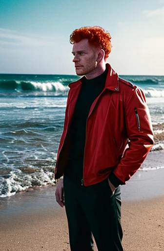 a man with red hair, wearing futuristic clothing, standing on a desolate beach, big surf in the background, in the middle-distance stands a Tyranosaurus Rex, sci-fi, pulp fiction, movie poster, retro style