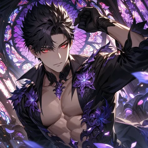 Ultra detailed, HDR, Highres, absurdres, master piece, Belial, black hair, expressive red eyes, Grand Blue Fantasy, patterns, black tight shirt, purple stained glass, purple ice, petals, purple ice flowers, sexy man, solo, extremely detailed face and eyes,...