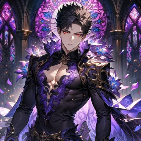 Ultra detailed, HDR, Highres, absurdres, master piece, Belial, black hair, expressive red eyes, Grand Blue Fantasy, patterns, black tight shirt, purple stained glass, purple ice, petals, purple ice flowers, sexy man, solo, extremely detailed face and eyes,...