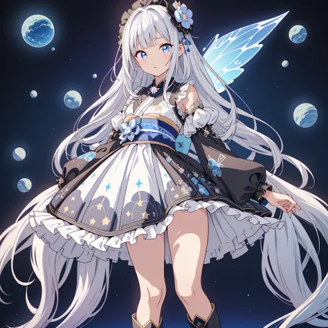 Star Fairy、(masterpiece, best quality), 1girl, 「A beautifully printed galaxy patterned kimono and gothic lolita outfit.、Space pattern box pleated mini skirt with ruffles、Standing in front of the viewer、Knee-high boots、Captivating eyes、Perfect and stunning ...