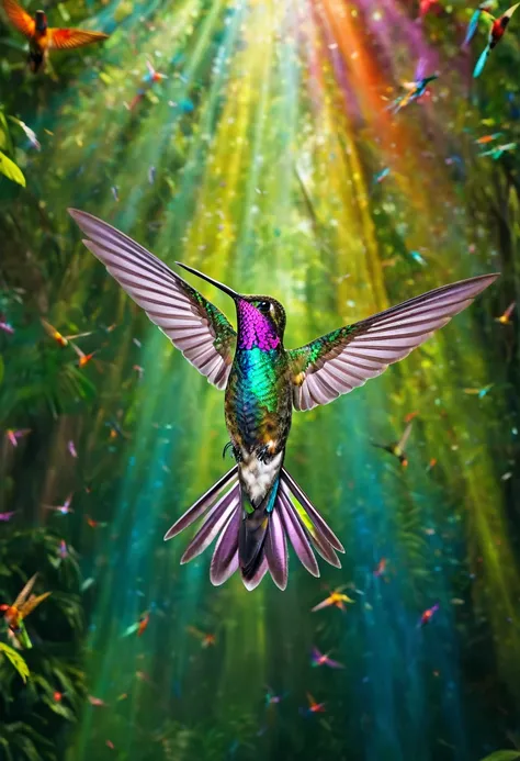 A fifty-year-old spreading his wings and flying in the sky, a digital rendering by Niko Henrichon, pexels contest winner, Fine art, Hummingbirds, Hummingbird, Iridescent Feathers, Rare bird in the jungle, Very colorful, Floating in the air, Long colorful b...