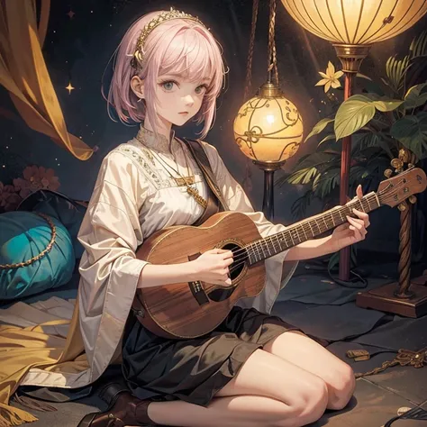 one girl, alone, bird, lute, playing musical instrument, baldur&#39;s gate 3. musical instrument, sing, official art, unity 8k w...