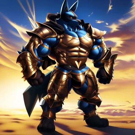 (masterpiece, best quality, detailed:1.2)
detailed full body, (masterpiece, best quality, detailed:1.2) (Pokémon) LUCARIO, detailed full body, 
wears full body armor. huge pecs, chiseled abs, huge pectorals, exaggeratedly huge muscles. wearing a cloak. unu...