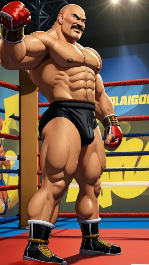 nappa, male focus, solo, 1boy, bald , muscular male, bulk , abs ,black vambraces, veins, pectorals, thighs, black eyes , mustache, (( black micro-briefs )) , tail around waist, (best quality, masterpiece) , full body , SFW , black boots , dark skin , backs...